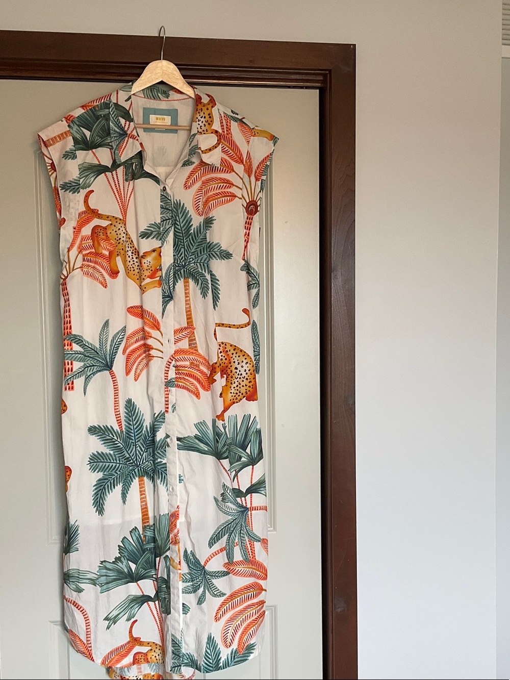 Anthropologie Tropical Leopard Print Maxi Shirt Dress in White, Green & Orange